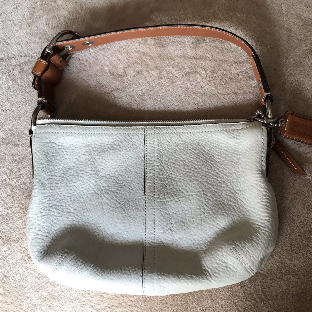 COACH white pebble leather handbag with tan strap